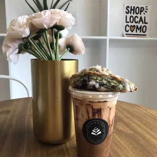 Iced Mocha Latte with blueberry scone