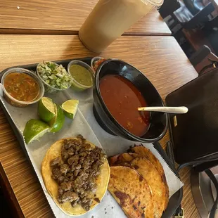 Birria tacos, steak taco, and horchata