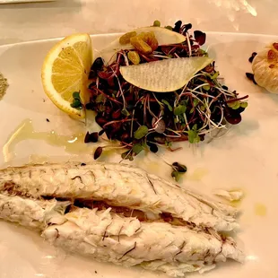 Salt Encrusted Whole Branzino Wood Oven Roasted, &quot;Teeny Green and French Pear Salad, Whole Roasted Garlic