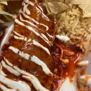 Chicken enchilada with red sauce