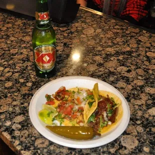 One chicken, one beef, one huge jalapeño.