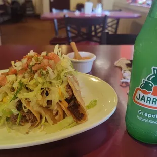 Beef Tacos so there are 3 crunchy tacos and some sauce. Their mexican soda is several flavors of Jarritos that are available