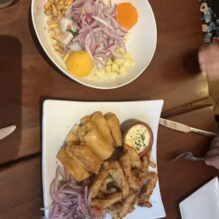 Chicharrón de calamares and the ceviche mixto