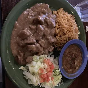 Carne Guisada with Charro Beans and Rice