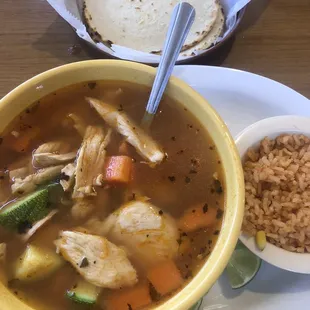 Chicken Soup, rice, homemade corn tortillas.