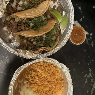 Carne azada taco plate with rice and beans