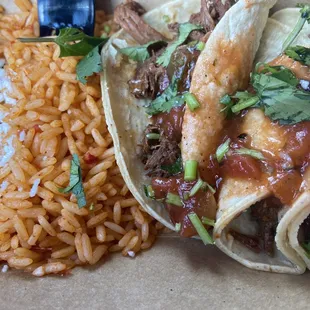 Barbacoa tacos - three street tacos with a side of rice and beans