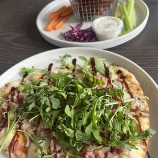 Mango habanero chicken wings and fig jam and ham naan pizza