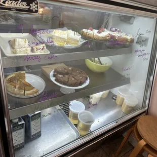 a display case filled with food