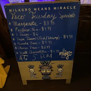 Taco Tuesday is back!!!  Specials are back even if slightly more expensive margaritas than other Mexican places in the area.