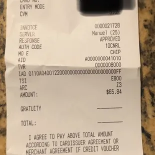 Receipt of my food order.