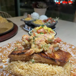 SALMON MX * Blackened Salmon, Shrimp Chipotle Aioli, Calabacitas &amp; Corn