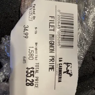 Price of prime filet mignon.