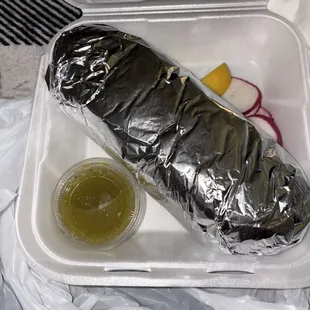 Carne Asada Super Burrito, green salsa on the side