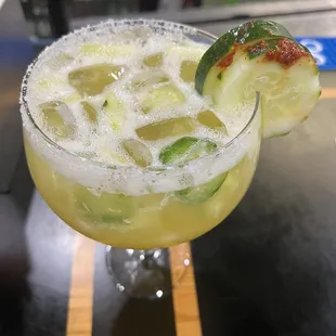Cucumber margarita I added fresh jalapeño&apos;s for a little kick. This is one of My favorite drink it&apos;s so refreshing