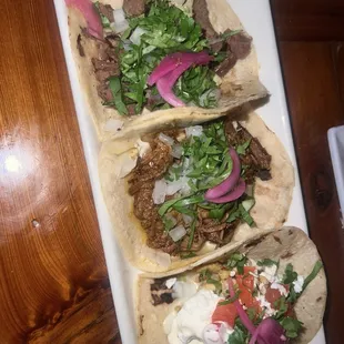 Steak, Barbacoa, and cauliflower tacos