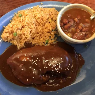 Chicken with Mole Sauce, charro beans &amp; rice.