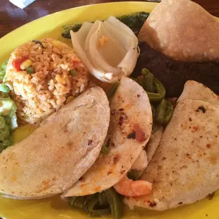 My favorite, quesadillas para el presidente. Shrimp, nopal, and asadero cheese.