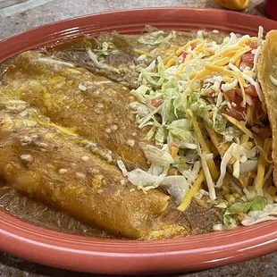 #1 beef taco, 1 beef and 1 cheese enchilada w/ refried beans and rice. Would order again!