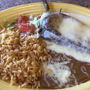 Chile relleno with rice and beans