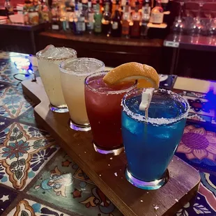 Margarita Flight!!!! Blue Curaçao, Raspberry, Peach then Mango.