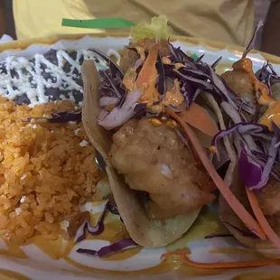 Beer Battered Shrimp Tacos w/rice &amp; Beans. These are BEYOND Great!!