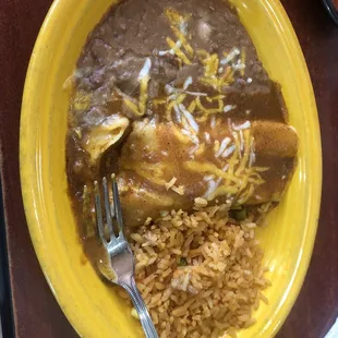 Ground Beef Enchilada with rice and beans