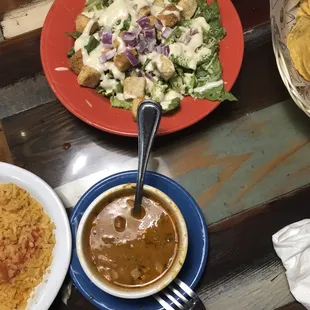 Mexican fried rice, charro beans, salad