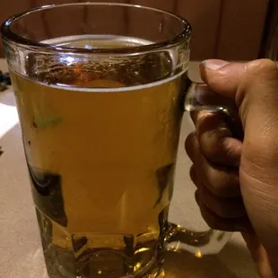 a person holding a glass of beer