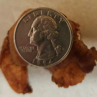a penny on a piece of bacon