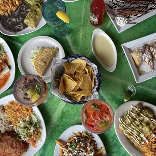 Flautas Dinner, La Carreta Fries, cheese dip, Tamale Oaxaqueno Dinner, Churros, Chile Relleno Dinner