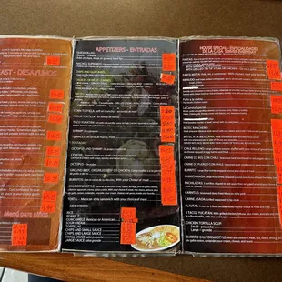 the menu of the restaurant