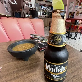 Inside restaurant, delicious salsa and ice-cold Modelo Negra