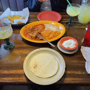 Splitting a Pork Chili Colorado and pitcher of Lime Margarita. Large enough to fill us both up.
