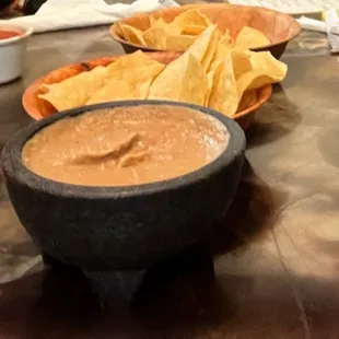 Bean Dip, chips and salsa
