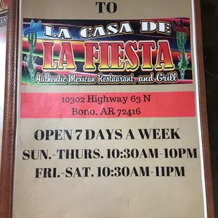 Front cover of the menu.