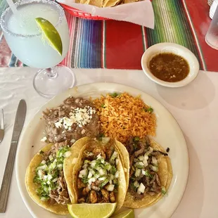 Taco Plate with 1 Pollo Adobado, 1 Asada, and 1 Brisket taco with a classic lime margarita