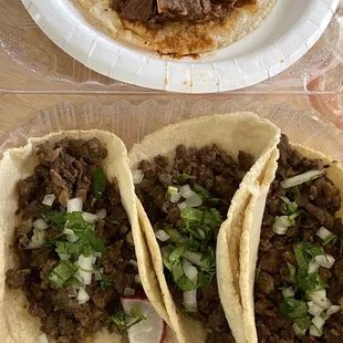 Beef 3 Tacos with Cilantro and Onion  one lamb taco