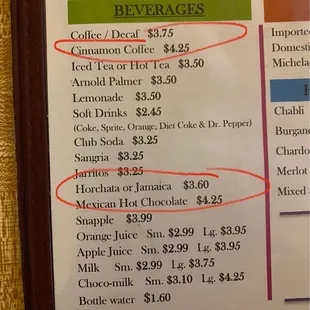 the price of beverages