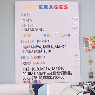 a menu on the wall