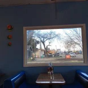 a view of a street through a window
