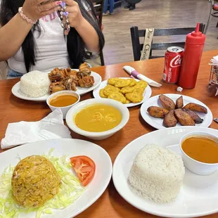 Mofongo, kidney beans, rice, maduros, tostones, chicharrones.