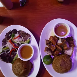 Carne asada trifongo and chicharones trifongo