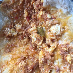 Inside of breakfast burrito with no potatoe
