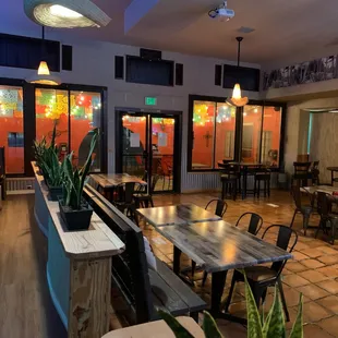 tables and chairs in a restaurant