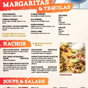 the menu for margaritas and tequilas