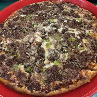 OG hamburger with mushrooms and green peppers added