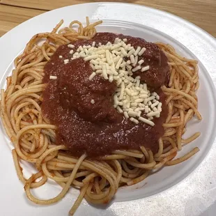 Spaghetti and Meatballs with Cheese that looks like play dough cheese