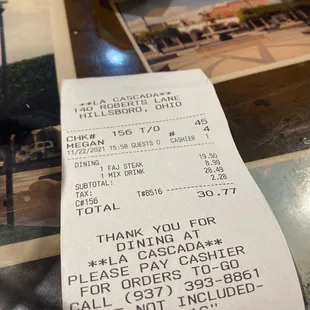 a receipt for a restaurant