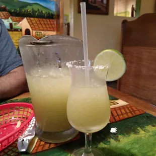 two glasses of drink on a table